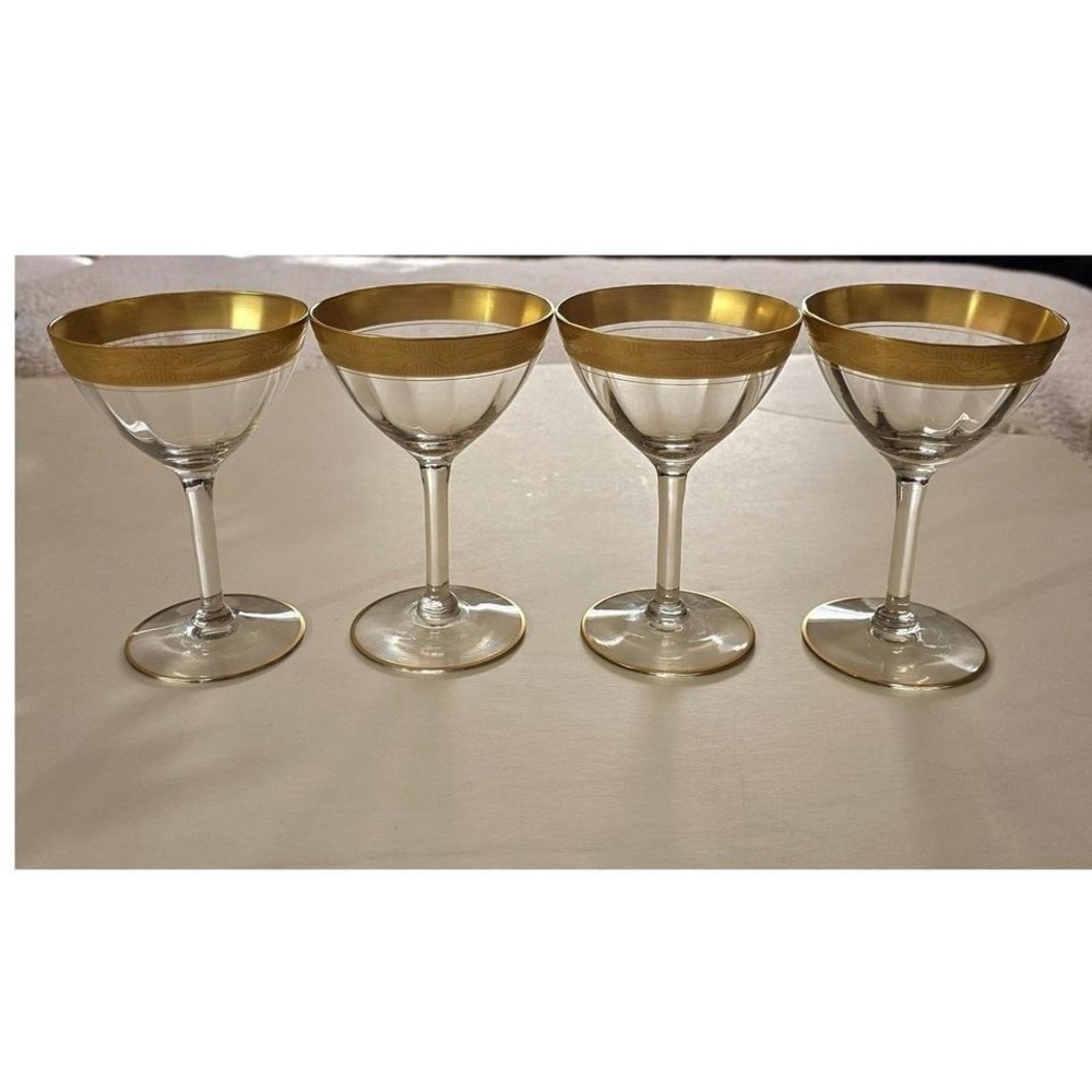 Vintage Tiffin? Gold Encrusted Etched Crystal Coupe‎ Cocktail Glasses Set of 4
